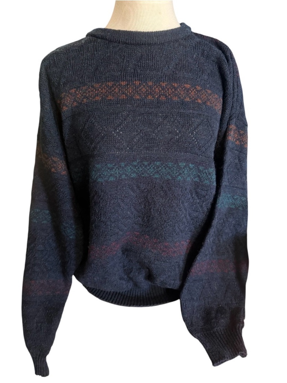 Vintage Navy Patterned Crewneck Sweater - Men
